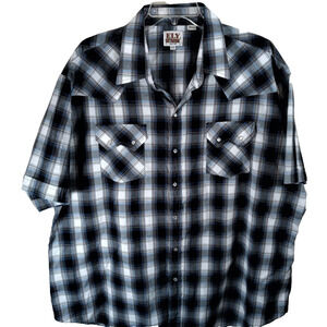 Ely Cattleman Pearl Snap Western Shirt Men's Size XXL Blue Plaid Short Sleeve